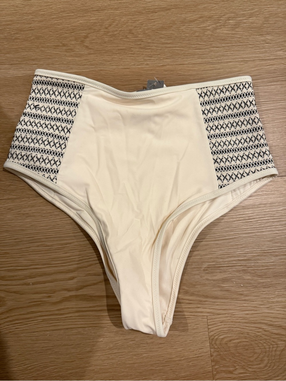 American Eagle High-Waist Cream Bikini Bottom with Black Embroidered Side Panels